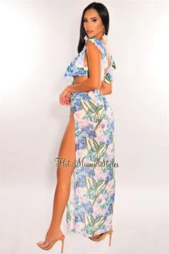 Palm Print Padded Ruffle Bikini Double Slit Skirt Three Piece Set -Miamis Style Shop palm print padded ruffle bikini double slit skirt three piece set hot miami styles 442764