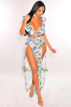 Palm Print Padded Ruffle Bikini Double Slit Skirt Three Piece Set -Miamis Style Shop palm print padded ruffle bikini double slit skirt three piece set hot miami styles 704533