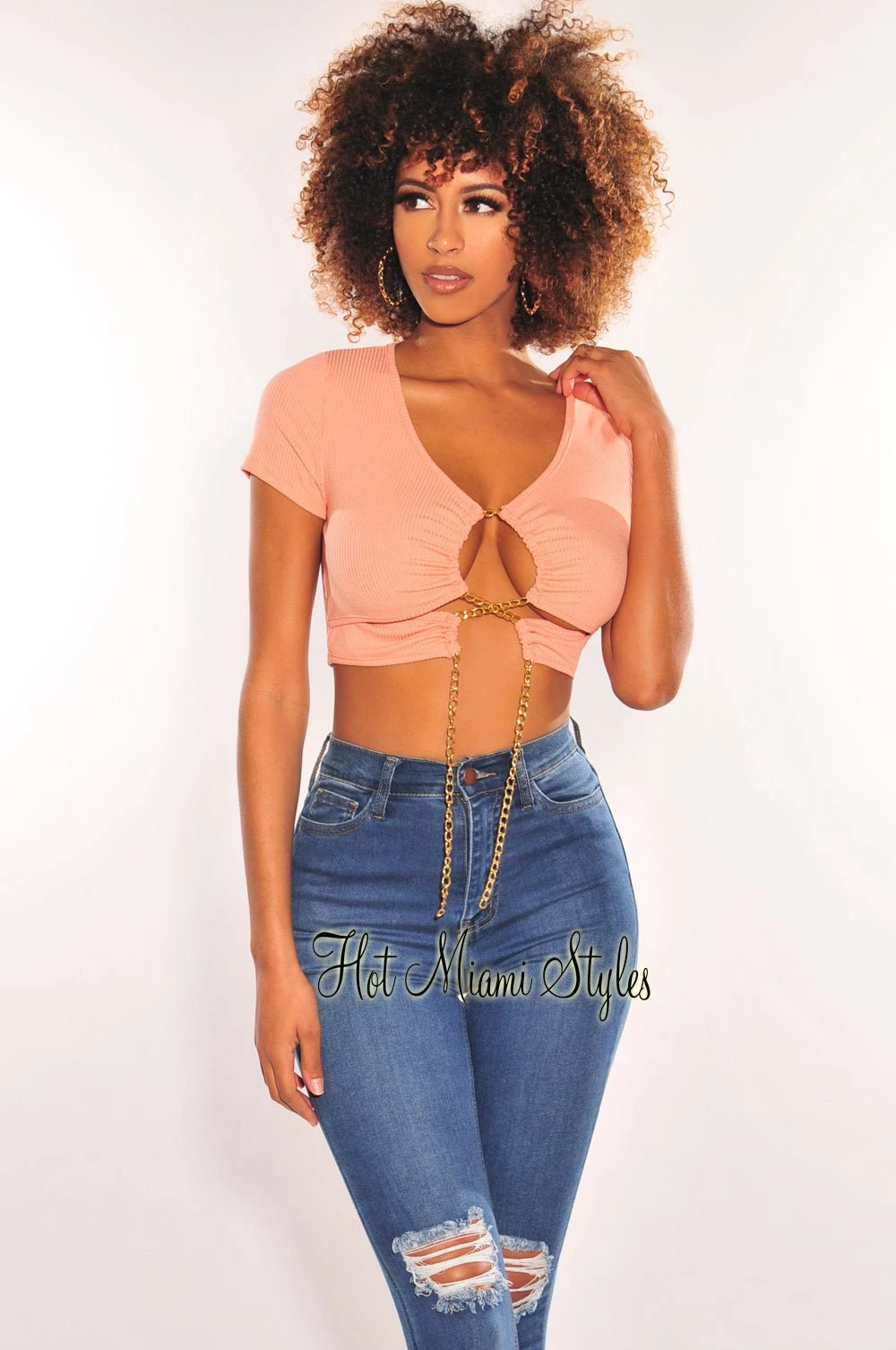 Peach Gold Chain Ribbed Lace Up Cut Out Crop Top 1 Peach Gold Chain Ribbed Lace Up Cut Out Crop Top