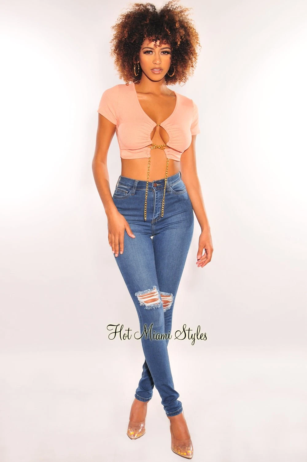 Peach Gold Chain Ribbed Lace Up Cut Out Crop Top 3 Peach Gold Chain Ribbed Lace Up Cut Out Crop Top - Image 3