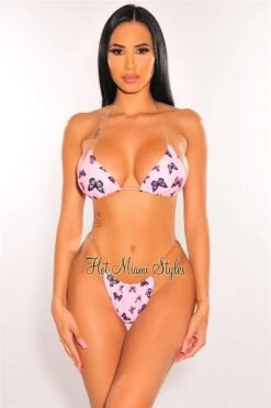 Pink Butterfly Print Padded Halter Clear Strap Bikini