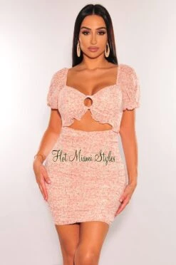 Pink Floral Print Short Sleeve O Ring Cut Out Ruffle Ruched Dress