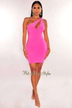 Pink One Shoulder Knotted Keyhole Mini Dress -Miamis Style Shop pink one shoulder knotted keyhole mini dress hot miami styles 194912
