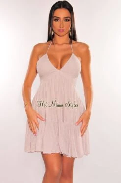 Purple Haze Linen Halter Smocked Tie Up Back Ruffle Babydoll Dress