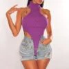 Purple Ribbed Knit Turtleneck Asymmetrical Hem Crop Top