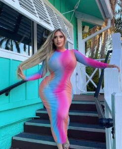 Rainbow Swirl Sheer Mesh Long Sleeve Cover Up Dress -Miamis Style Shop rainbow swirl sheer mesh long sleeve cover up dress hot miami styles 380435