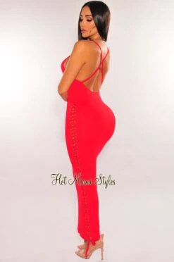 Red Chain Straps Crisscross Back Laced Side Midi Dress