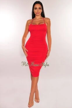 Red Criss Cross Spaghetti Straps Ruched Dress