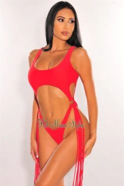 Red Cut Out O-Ring Fringe Ultra High Cut Thong Swimsuit