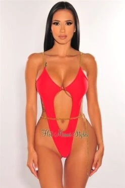 Red Gold Chain Cut Out Ultra High Cut Swimsuit