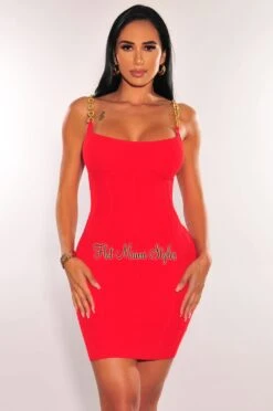 Red Gold Chain Ribbed Spaghetti Strap Bodycon Dress