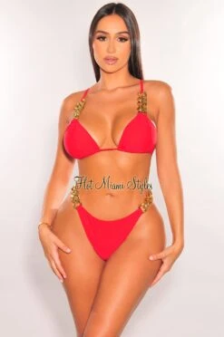 Red Gold Chain Scrunch Butt Bikini