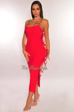 Red Gold Chain Straps Tie Up Sides Dress