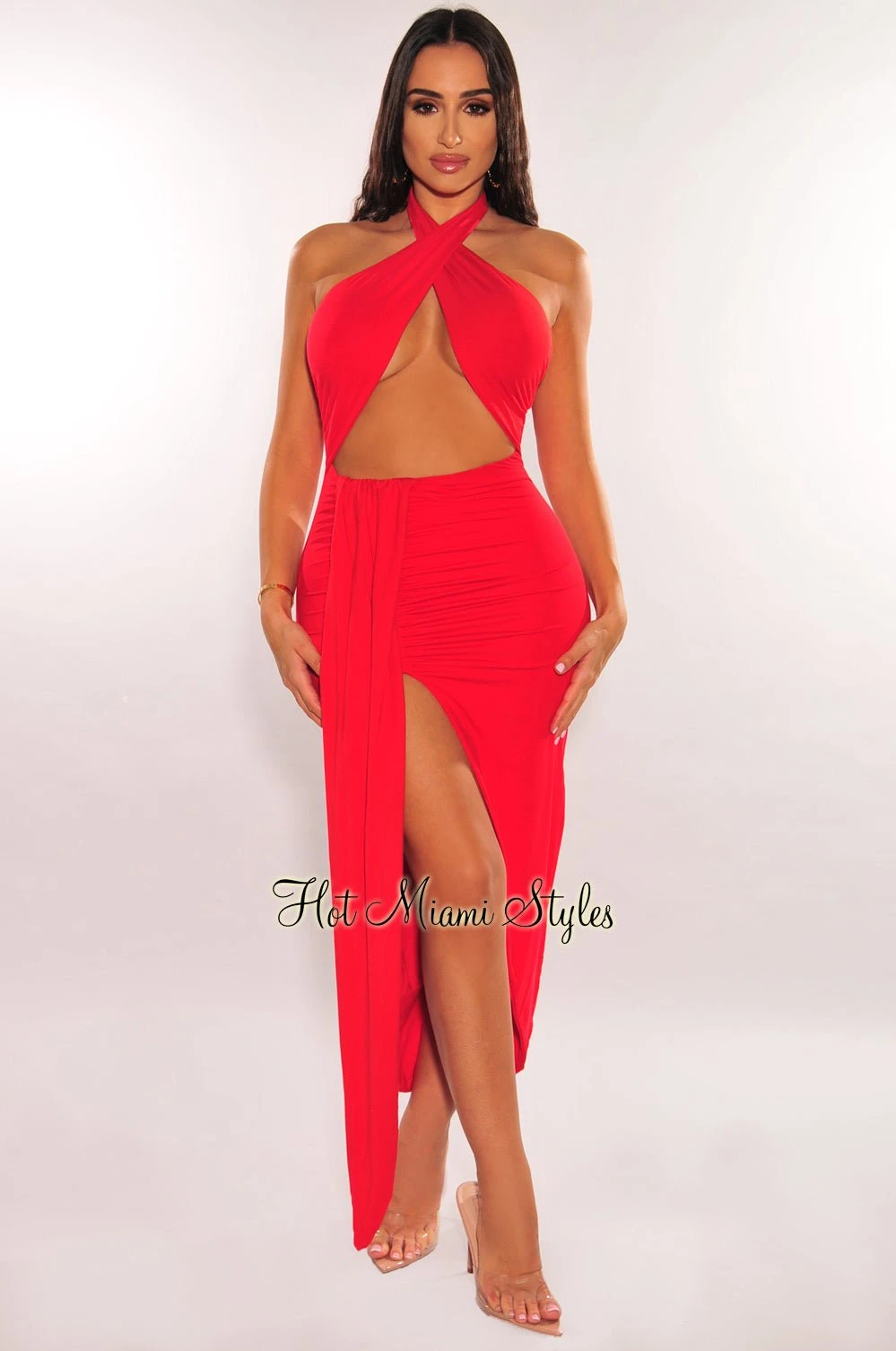 Red Halter Crisscross Cut Out Drape Ruched Slit Dress 1 Red Halter Crisscross Cut Out Drape Ruched Slit Dress