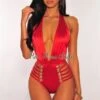 Red Halter Gold Button Strappy Sides Swimsuit
