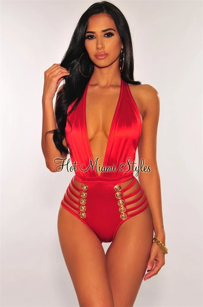 Red Halter Gold Button Strappy Sides Swimsuit 1 Red Halter Gold Button Strappy Sides Swimsuit