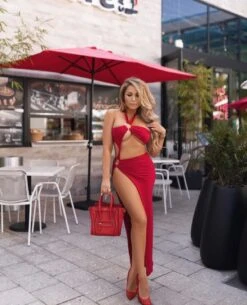 Red Halter O-Ring Cut Out Strap Slit Dress 5 Red Halter O-Ring Cut Out Strap Slit Dress -Miamis Style Shop red halter o ring cut out strap slit dress hot miami styles 533488