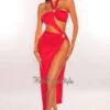 Red Halter O-Ring Cut Out Strap Slit Dress
