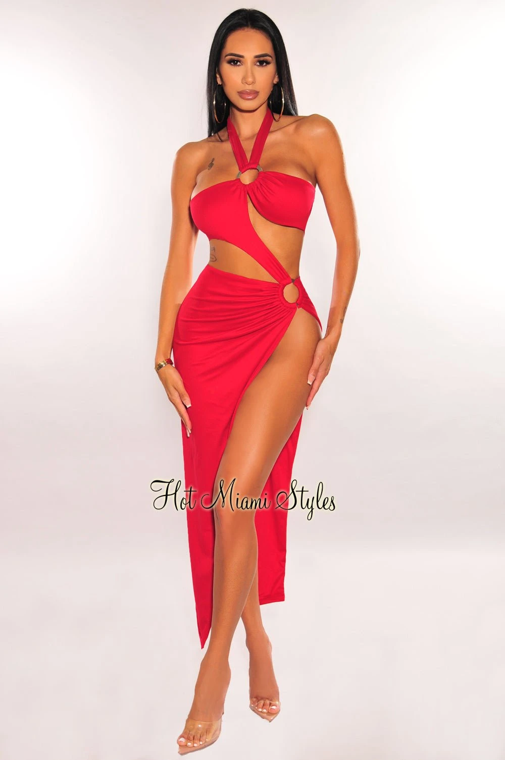 Red Halter O-Ring Cut Out Strap Slit Dress 1 Red Halter O-Ring Cut Out Strap Slit Dress