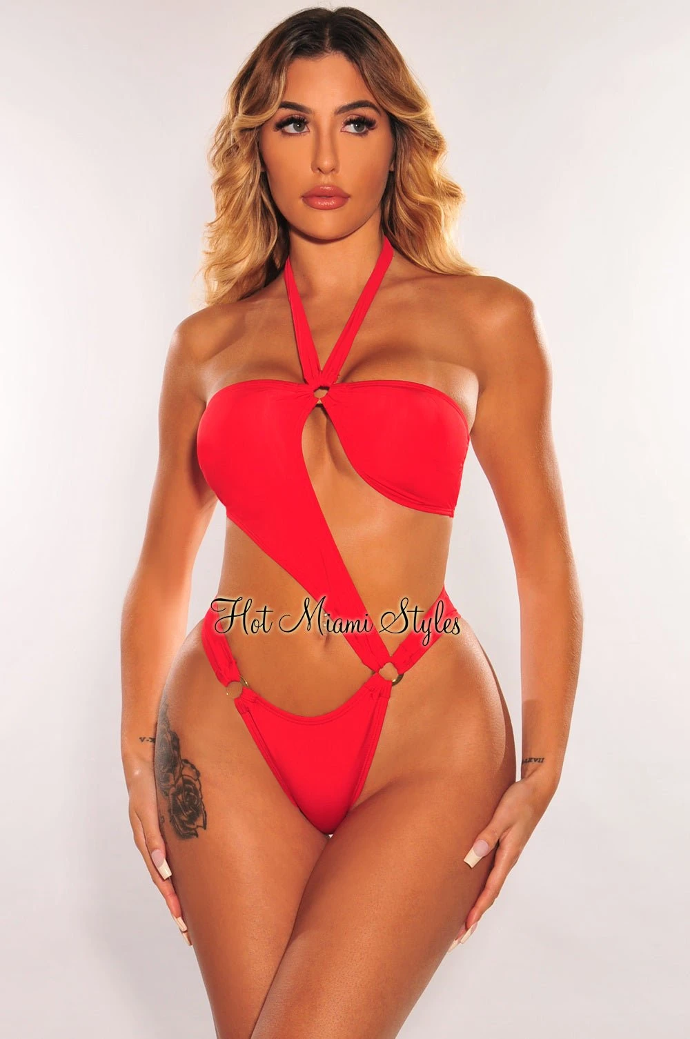 Red Halter O Ring Cut Out Swimsuit 1 Red Halter O Ring Cut Out Swimsuit