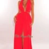Red Halter Tie Up Cut Out O-Ring Slit Maxi Dress