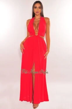 Red Halter Tie Up Cut Out O-Ring Slit Maxi Dress