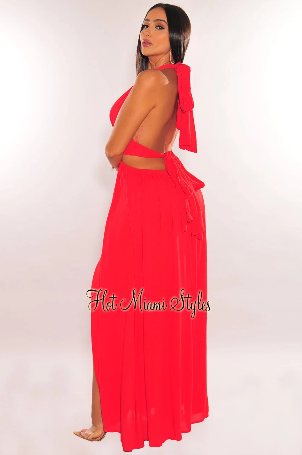 Red Halter Tie Up Cut Out O-Ring Slit Maxi Dress 2 Red Halter Tie Up Cut Out O-Ring Slit Maxi Dress - Image 2