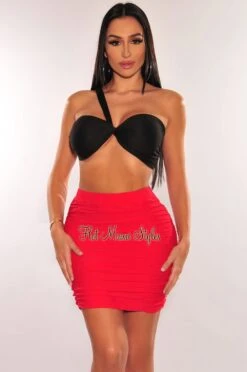 Red High Waist Ruched Cover Up Skirt