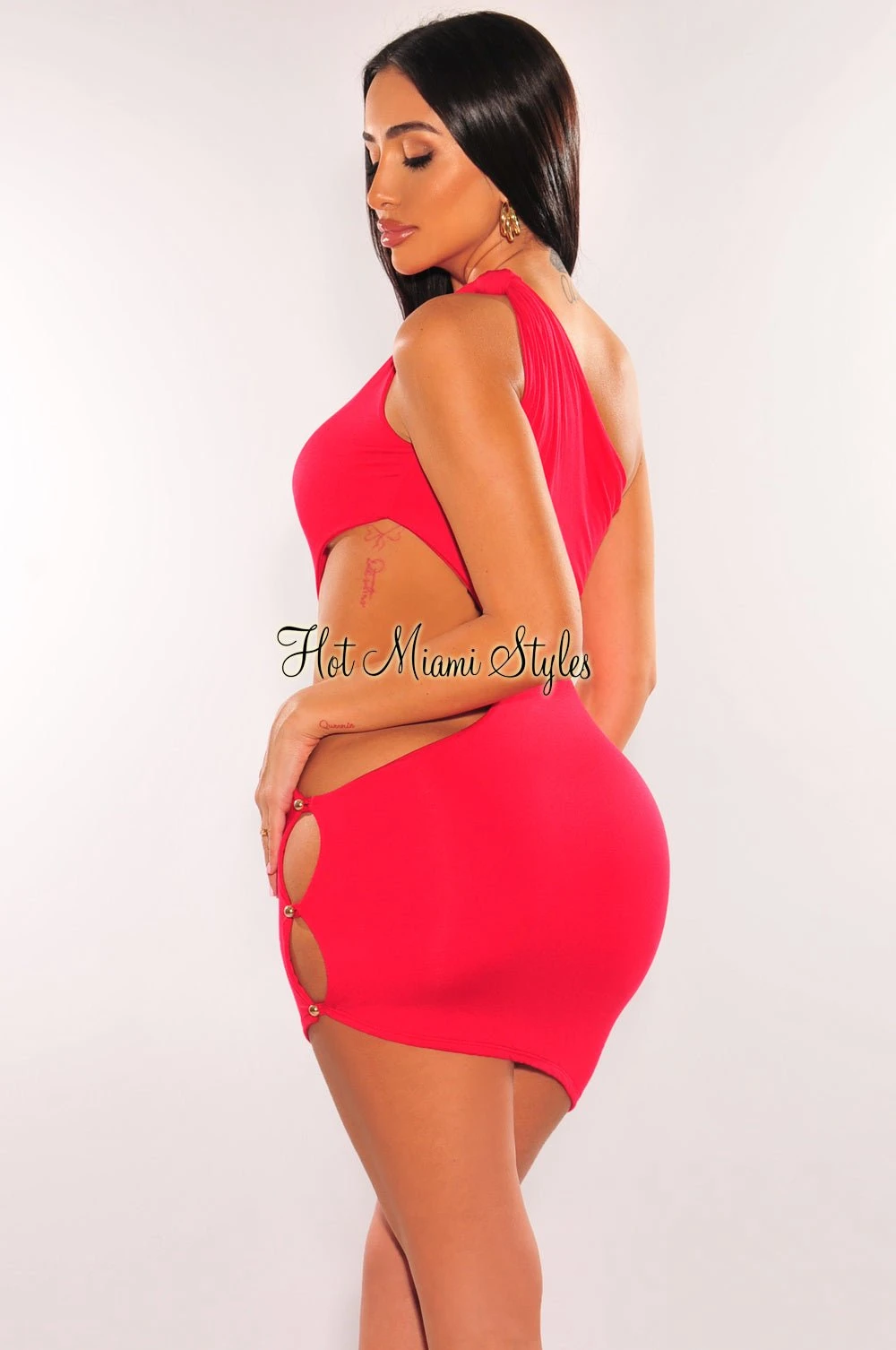 Red Knotted One Shoulder Button Cut Out Asymmetrical Dress 2 Red Knotted One Shoulder Button Cut Out Asymmetrical Dress - Image 2