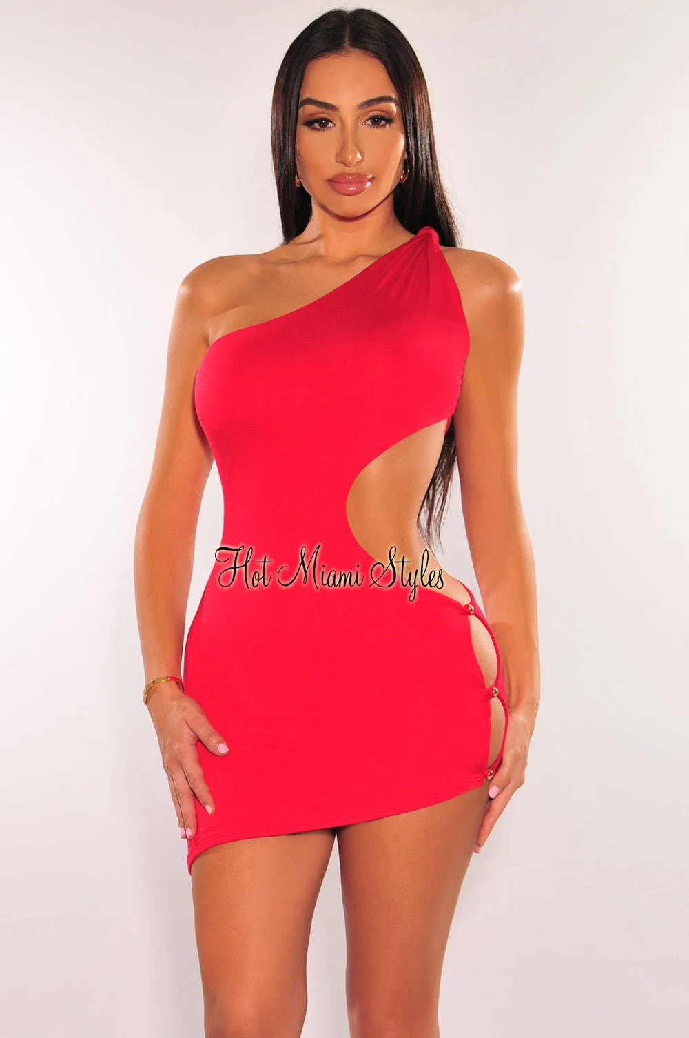 Red Knotted One Shoulder Button Cut Out Asymmetrical Dress 1 Red Knotted One Shoulder Button Cut Out Asymmetrical Dress