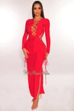 Red Lace Up Cut Out Double Slit Long Sleeve Dress -Miamis Style Shop red lace up cut out double slit long sleeve dress hot miami styles 140479