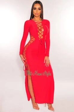 Red Lace Up Cut Out Double Slit Long Sleeve Dress