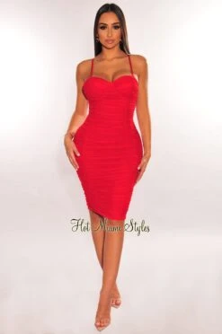 Red Mesh Spaghetti Straps Padded Ruched Dress