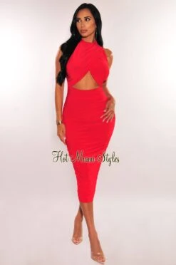 Red Mock Neck Sleeveless Overlay Cut Out Ruched Dress