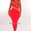 Red Nude Mesh Illusion One Shoulder Dress