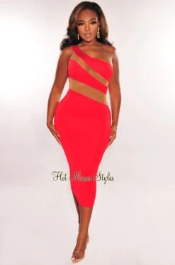 Red Nude Mesh Illusion One Shoulder Dress