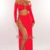 Red Off Shoulder O-Ring Cut Out Long Sleeves Slit Maxi Dress