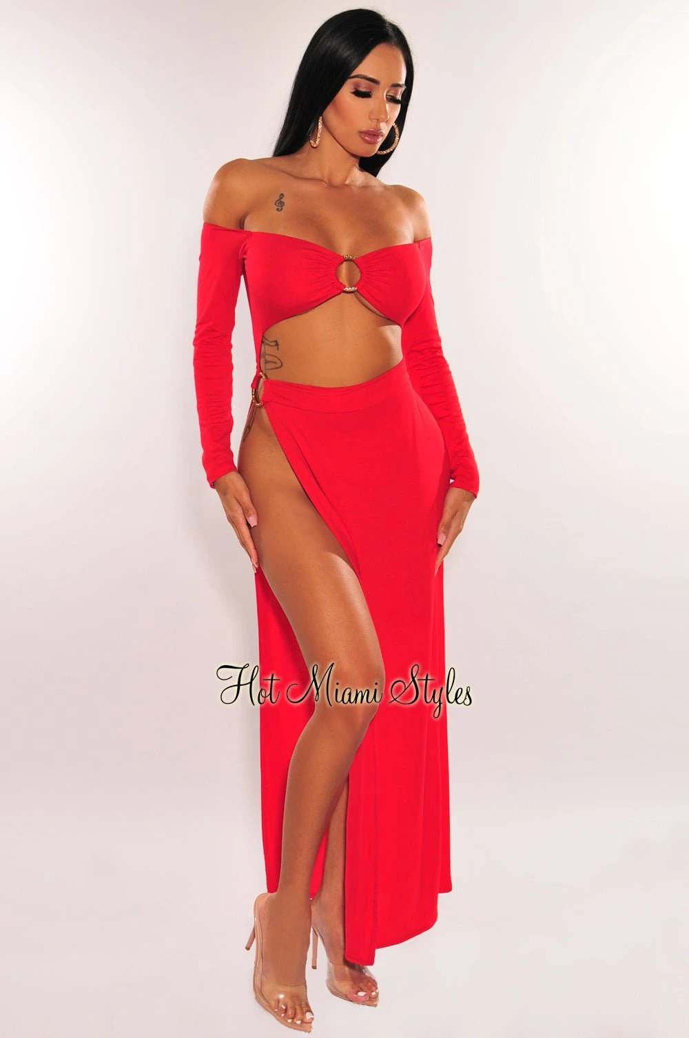 Red Off Shoulder O-Ring Cut Out Long Sleeves Slit Maxi Dress 1 Red Off Shoulder O-Ring Cut Out Long Sleeves Slit Maxi Dress
