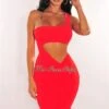 Red One Shoulder Cut Out Ruched Dress