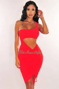 Red One Shoulder Cut Out Ruched Dress