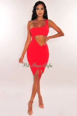 Red One Shoulder Cut Out Ruched Dress -Miamis Style Shop red one shoulder cut out ruched dress hot miami styles 595384