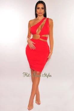 Red One Shoulder Cut Out Strap Drawstring Ruched Mini Dress -Miamis Style Shop red one shoulder cut out strap drawstring ruched mini dress hot miami styles 140799