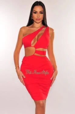 Red One Shoulder Cut Out Strap Drawstring Ruched Mini Dress