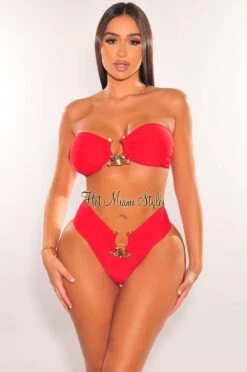 Red Padded Bandeau Gold Ring High Cut Bikini