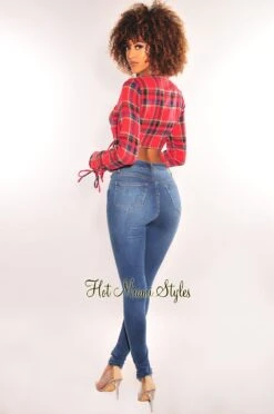 Red Plaid Long Sleeve Tie Up Crop Top + Bralette -Miamis Style Shop red plaid long sleeve tie up crop top bralette hot miami styles 278629