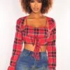 Red Plaid Long Sleeve Tie Up Crop Top + Bralette