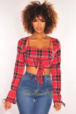 Red Plaid Long Sleeve Tie Up Crop Top + Bralette