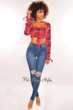 Red Plaid Long Sleeve Tie Up Crop Top + Bralette -Miamis Style Shop red plaid long sleeve tie up crop top bralette hot miami styles 874640
