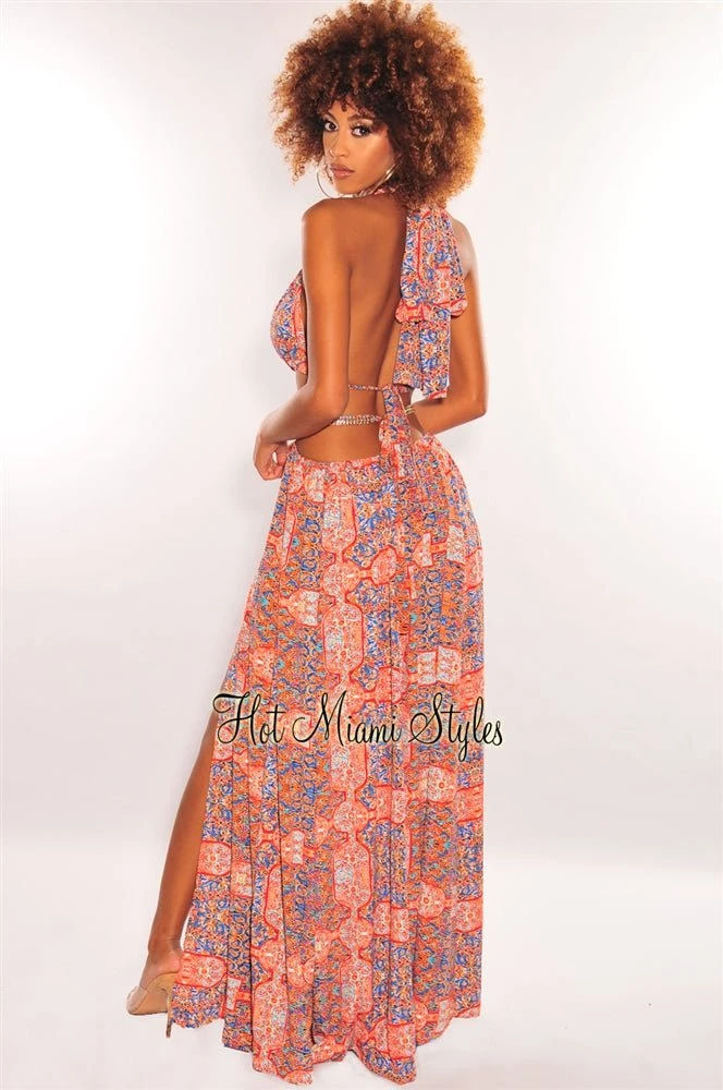 Red Print O-Ring Cut Out Gold Belted Double Slit Maxi Dress 2 Red Print O-Ring Cut Out Gold Belted Double Slit Maxi Dress - Image 2