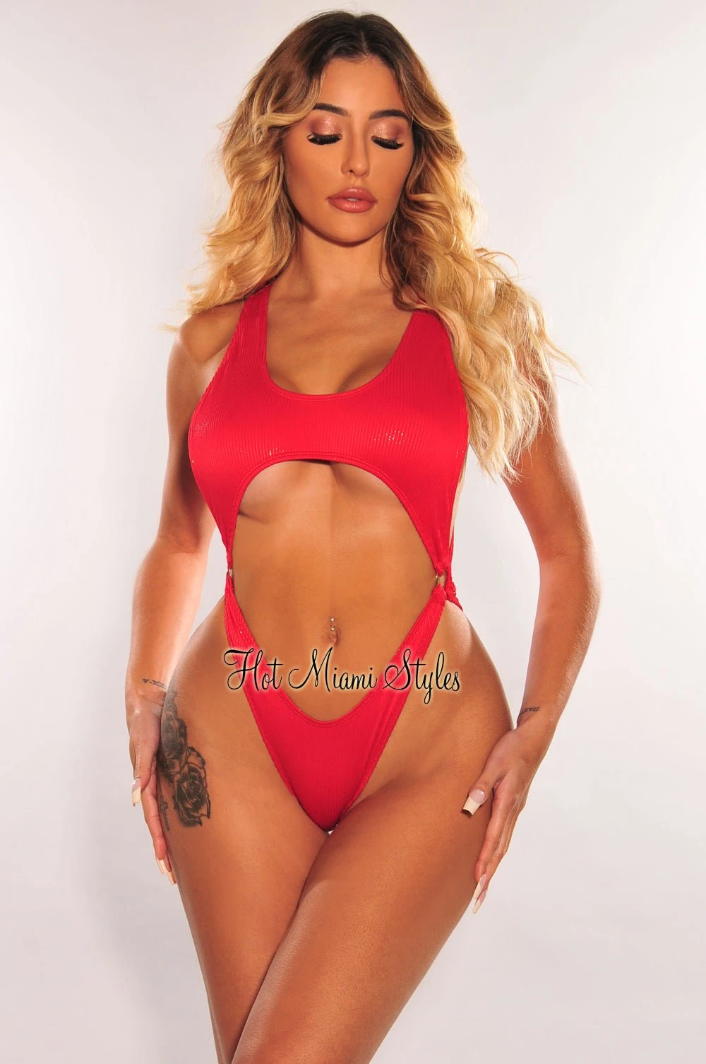 Red Ribbed Shimmery Sleeveless O Ring Racerback Swimsuit 1 Red Ribbed Shimmery Sleeveless O Ring Racerback Swimsuit